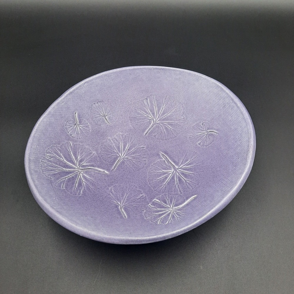 Purple Ceramic Studio Art Bowl with Impressed Leaf Design – Signed 1993
